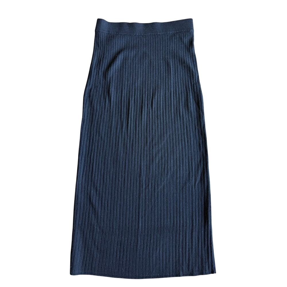 Uniqlo Size S Black Ribbed Knit Wool Blend Midi Skirt Side Slit Elastic Waist